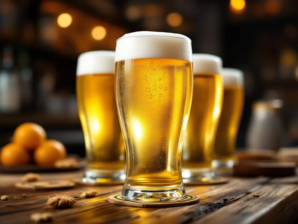 Traditionele Belgische witbieren in zeshoekige glazen op een rustieke houten bar, met kenmerkende troebele textuur en schuimige witte koppen.