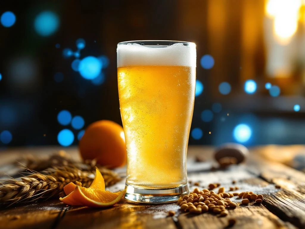 Troebel Belgisch witbier in beslagen glas op houten tafel met tarwekorrels, sinaasappelschil en korianderzaad, omgeven door warme verlichting en subtiele vitamine B-hints.