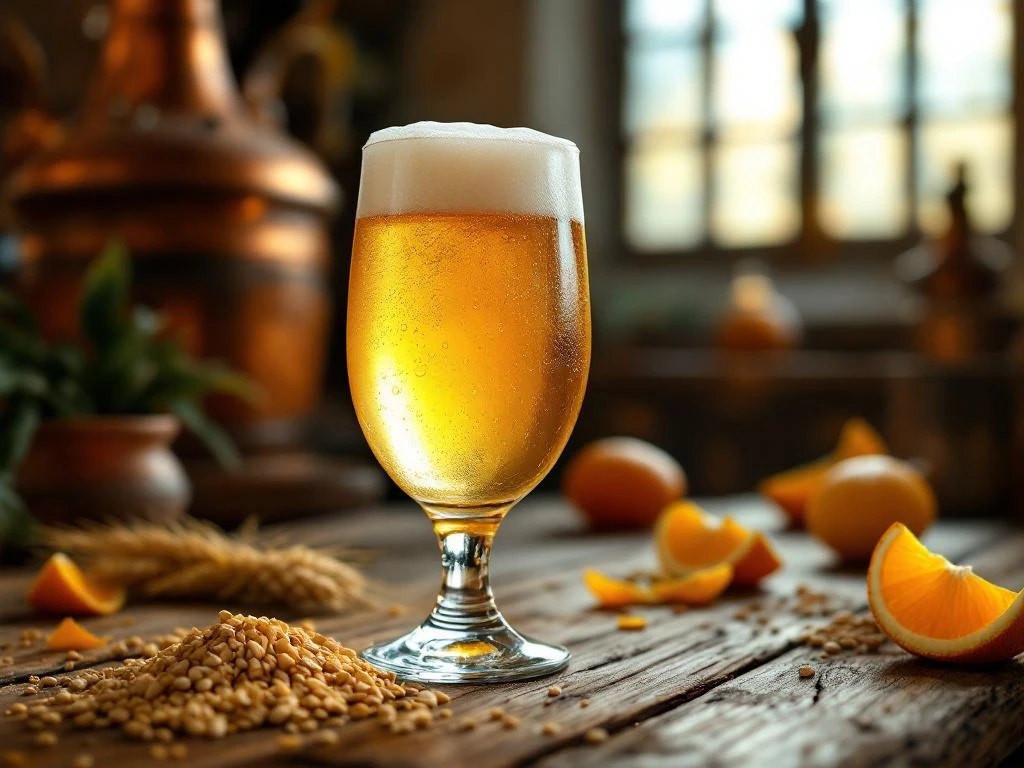 Traditioneel Belgisch witbier in authentiek glas op houten kloostertafel met tarwe, koriander en sinaasappelschil naast koperen brouwketels in warm licht