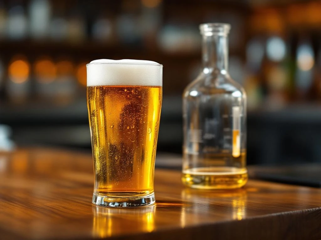 Twee bierglazen op een houten bar: alcoholvrij bier met schuim naast een maatbeker met hydrometer voor alcoholtest in ambachtelijke brouwerijsfeer.
