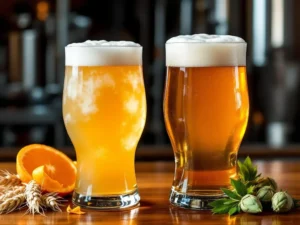 Recepten en Blog 4 Twee contrasterende bierglazen op houten bar: links troebele witbier met sinaasappel, rechts amberkleurige IPA met schuimkraag, omringd door brouwingrediënten.