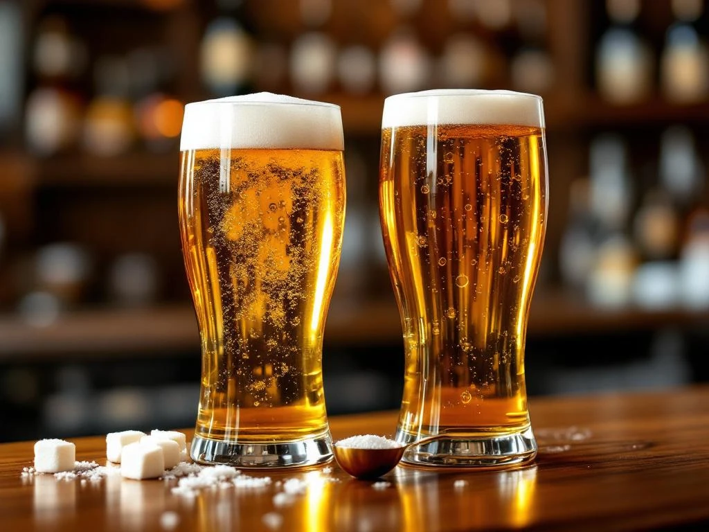 Twee elegante bierglazen op houten bar; links niet-alcoholisch bier met suikerklontjes, rechts ambachtelijk bier, in warme brouwerijsfeer.