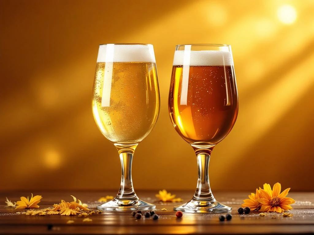 Twee elegante bierglazen op donkere houten bar: witbier met romige schuimkraag links, amberkleurige saison rechts, omringd door bijpassende kruiden en specerijen.