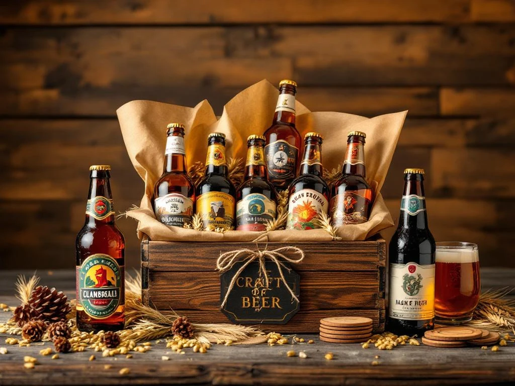 Ambachtelijk bier geschenkmand in houten krat, versierd met hopbellen en gerst. Diverse speciaalbieren met kleurrijke etiketten in warm gouden licht.