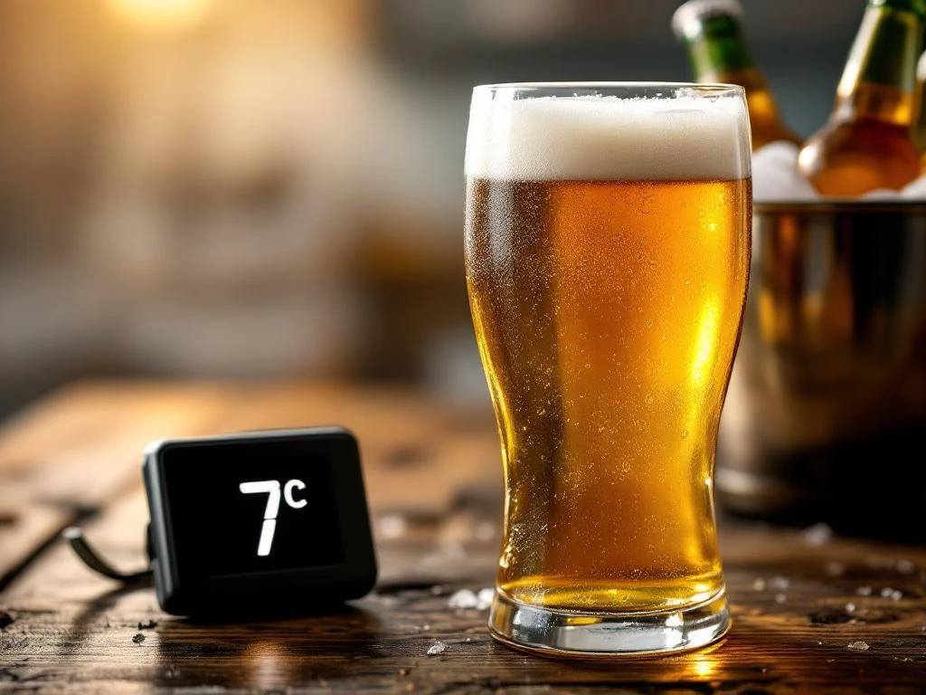 Wat is de ideale serveertemperatuur voor blond bier? 9 Goudblond bier met romige schuimkraag in glas op houten bar, druppels condensatie tonen verfrissende koelte van 7°C, ideaal serveertemperatuur voor premium bierbeleving.
