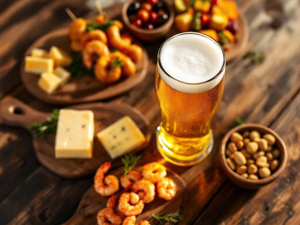 Glas blond bier met schuimige kop op houten tafel, omringd door kaasplankjes, garnalenkroketjes, groentespiesjes en schaaltje nootjes in warm licht.