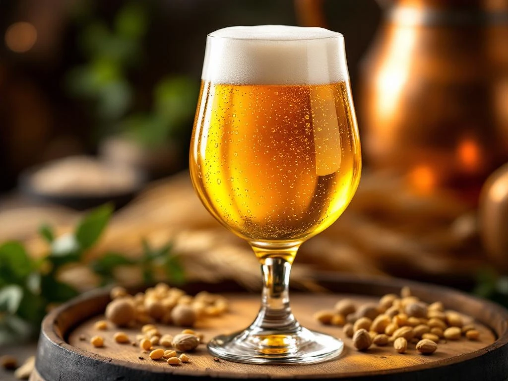 Traditioneel Belgisch blond bier in tulpglas met romige schuimkraag, geserveerd op houten vat met gerst en hop in authentieke brouwerijomgeving.