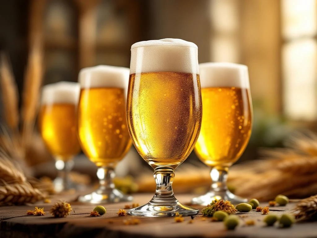 Elegante glazen met goudkleurige Belgische abdijbieren, met Leffe Blond in het midden, op een rustieke houten tafel met hopbloemen en tarwe.