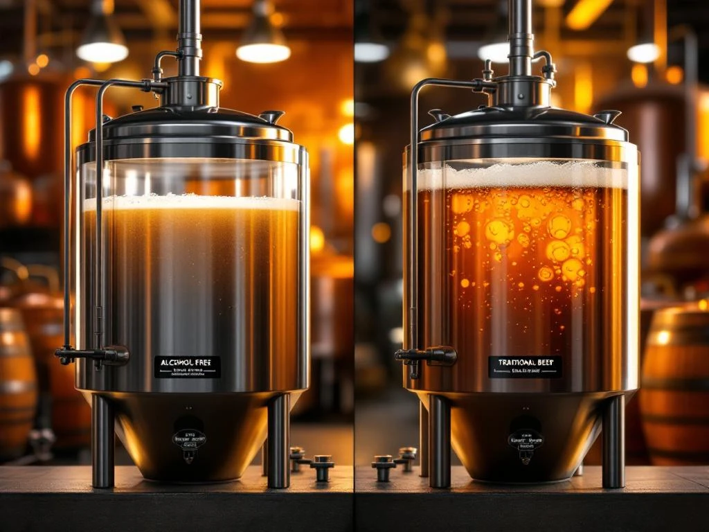Twee brouwerij gistingstanks naast elkaar: alcoholvrije tank met lichte wort en traditionele tank met donkerder, actiever bier in gouden verlichting.