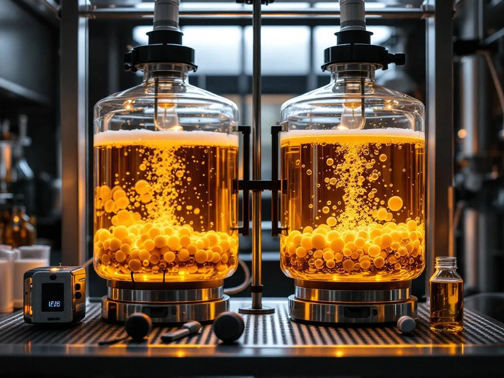 Laboratoriumopstelling in ambachtelijke brouwerij met twee fermentatievaten: links traditioneel bier met actieve gist, rechts alcoholvrij bier in speciaal gistingsproces.