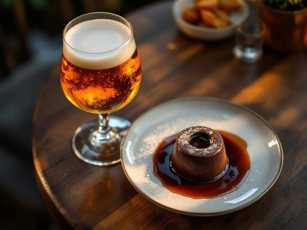Chocolade fondant met vloeibare kern naast goudkleurig alcoholvrij bier op houten tafel in een sfeervol restaurant met warm licht.