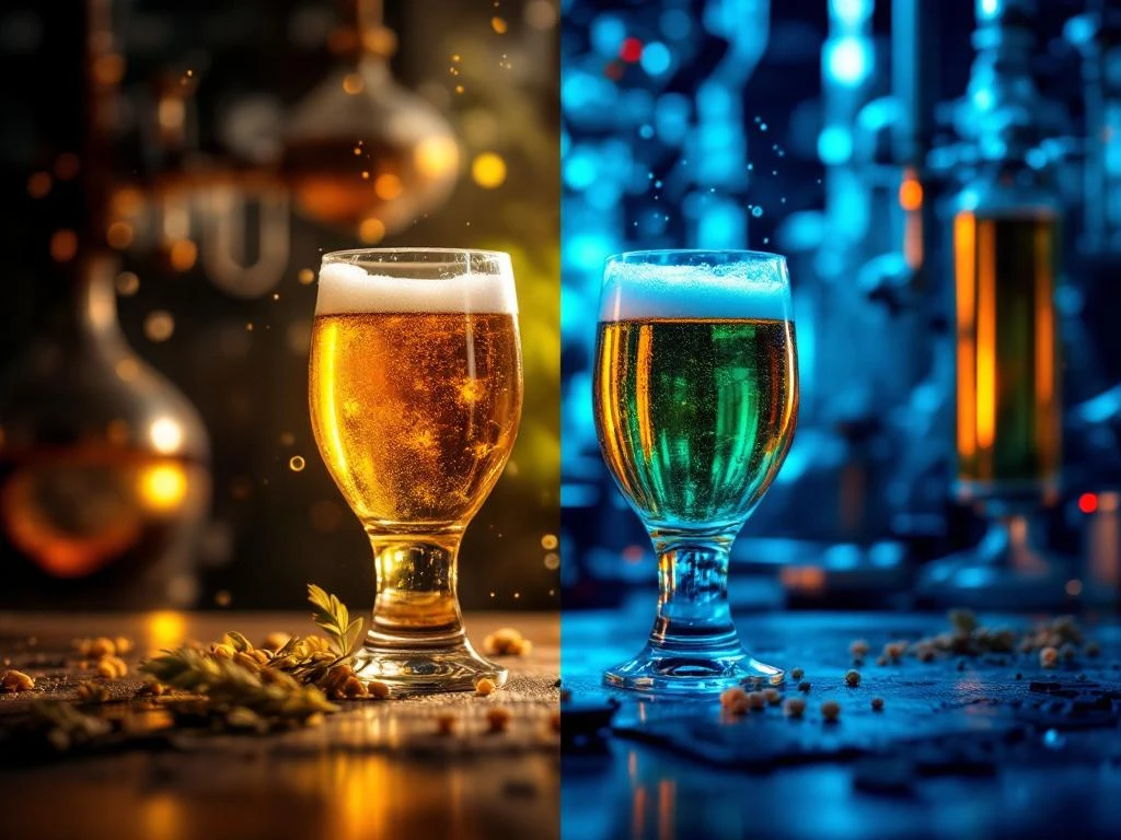 Vergelijking van traditionele en moderne dealcoholiseringsprocessen in brouwerij, met koperen ketels versus laboratoriumapparatuur en twee identieke bierglazen centraal.