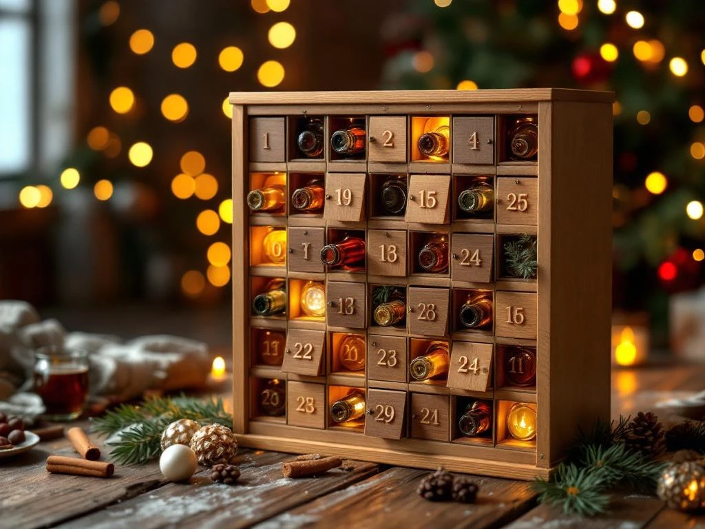 Houten bier adventskalender met ambachtelijke bierflessen in genummerde vakjes, versierd met dennentakken in feestelijke sfeer.