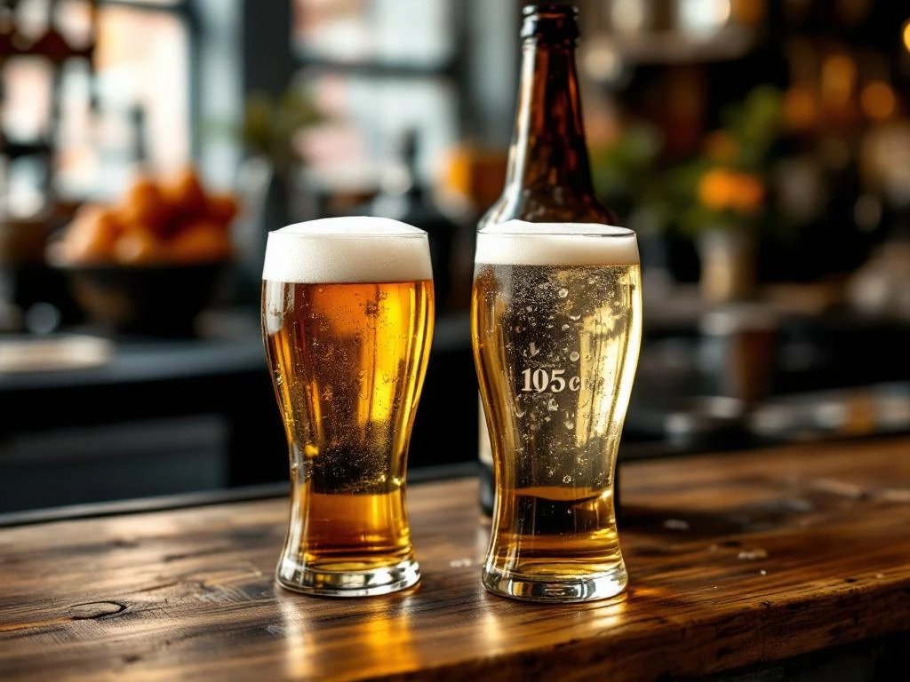 Twee bierglazen op houten bar: amber bier naast alcoholvrij bier, met vintage Nederlandse fles in een Amsterdams bruin café.