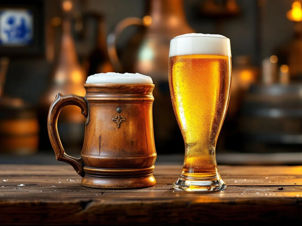 Traditionele en moderne Nederlandse biercultuur getoond op een rustieke houten bar met keramische mok en helder alcoholvrij bier onder warme verlichting met authentieke brouwerij-elementen.