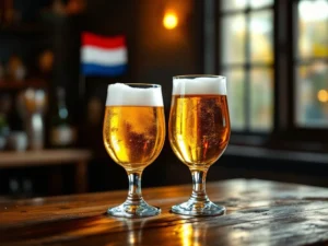 Recepten en Blog 1 Twee contrasterende bierglazen op rustieke houten bar: troebel witbier met citroen en helder pilsje, met Nederlandse vlag onscherp in de achtergrond.