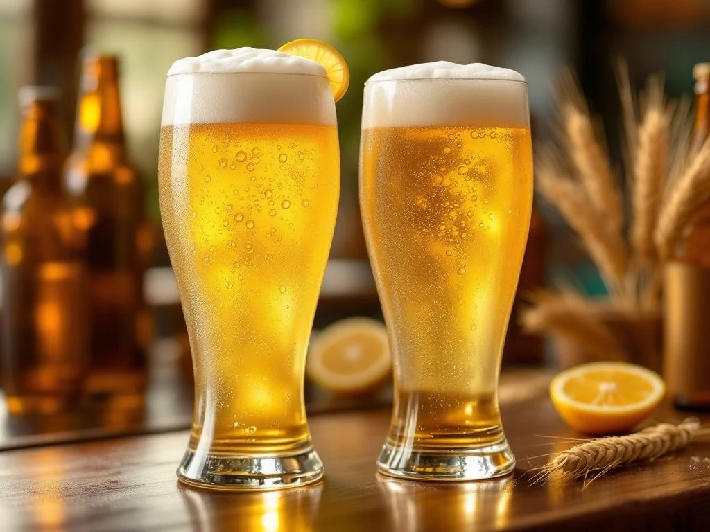 Twee weizenglazen op houten bartop: traditioneel troebel tarwebier naast alcoholvrije variant met citroen, beide met romige schuimkraag in gouden middaglicht.