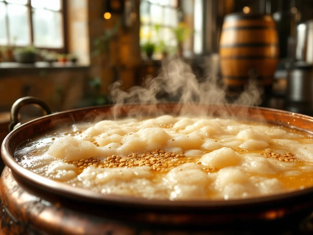 Traditioneel tarwebier brouwproces in koperen ketel. Gouden vloeistof borrelt met tarwekorrels en kruiden in rustieke omgeving.