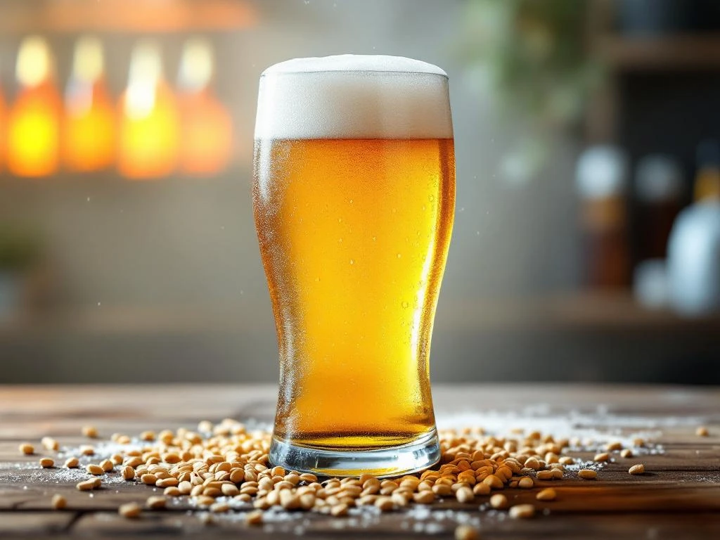 Beslagen glas witbier met troebele goudkleur en dikke schuimkraag op houten bar, omringd door tarwekorrels en korianderzaadjes.