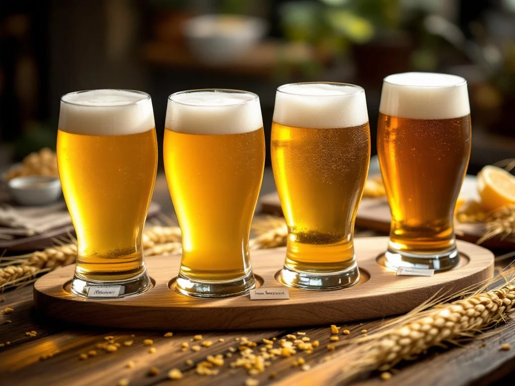 Vier tarwebieren in traditionele glazen op houten tafel, gerangschikt van licht naar donker, met proefnotities en decoratieve tarwehalmen en korianderzaadjes.