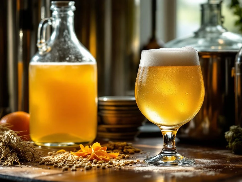 Thuisbrouw opstelling voor witbier met tarwe, sinaasappelschil en koriander, gistend vat en getapt glas in warm licht.