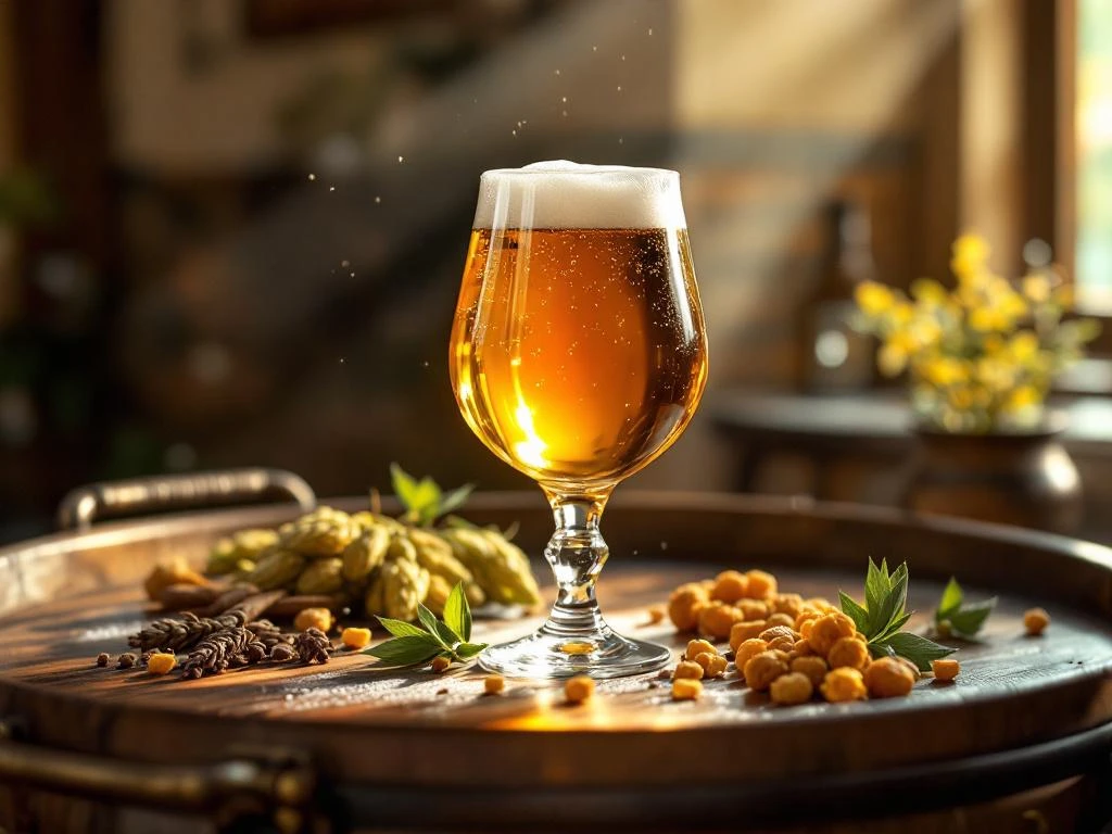 Zeldzaam Trappistenbier in elegant proefglas op een houten vat in een kloosterbrouwerij, omgeven door gerst en hop, met zonlicht door glas-in-lood ramen.