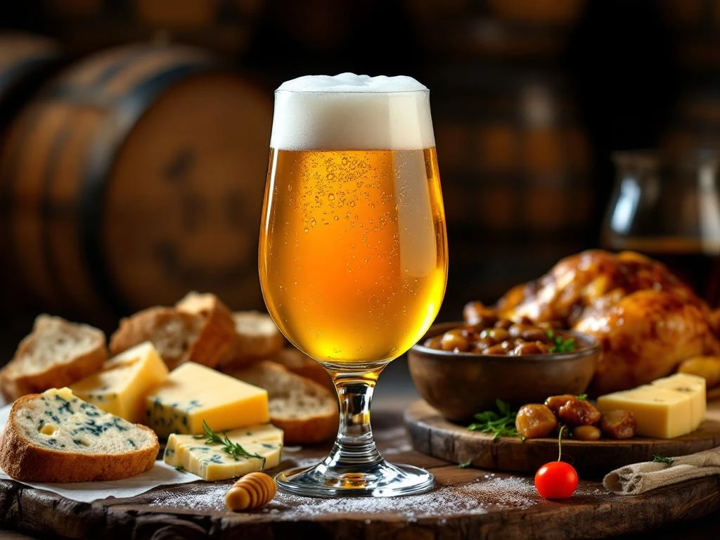 Wat eet je bij tripel bier? 8 Gouden tripel bier in chalice glas op houten tafel, omringd door kaasplank, stoofpot en honingkip. Warme verlichting accentueert de ambertinten tegen houten vaten.