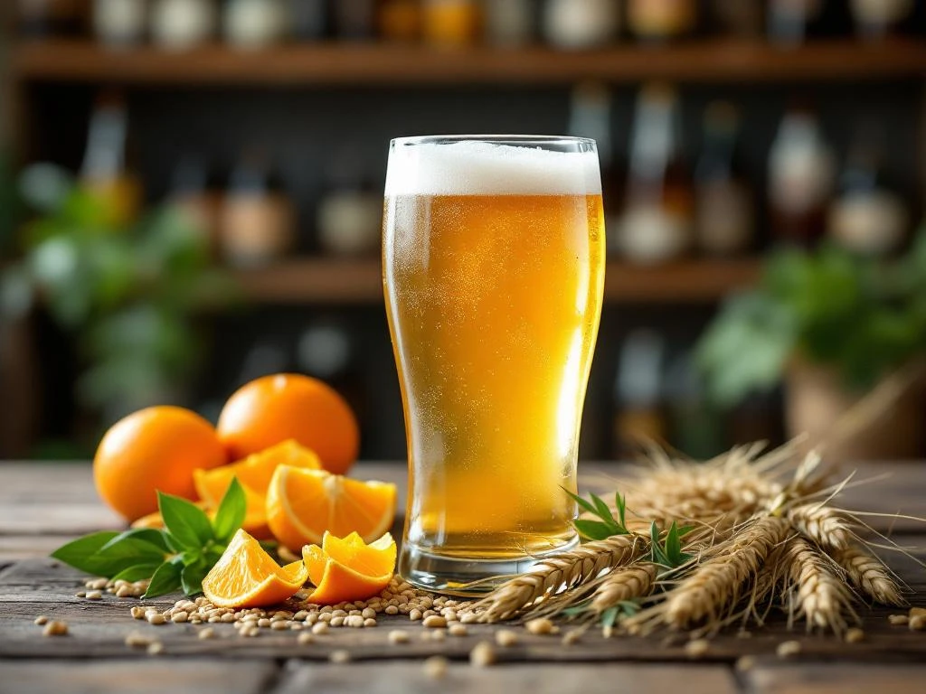 Glas witbier met schuimende kop op houten tafel, omringd door sinaasappelschil, korianderzaad en tarwe. Groene plant suggereert gezondheidsvoordelen.