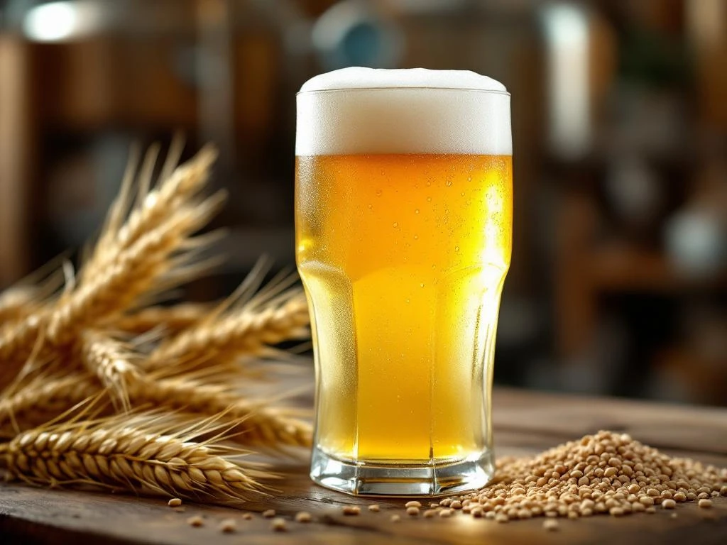 Belgisch witbier in hexagonaal glas met schuimkraag op houten tafel, naast tarwestengels en glutenvrije granen in brouwerij