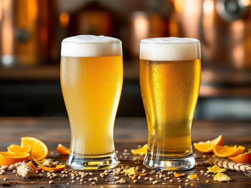 Twee verschillende witbieren op houten bartop: links Belgisch witbier (troebel met romige schuimkraag), rechts Nederlands witbier (helderder), omringd door koriander, sinaasappelschil en tarwe.