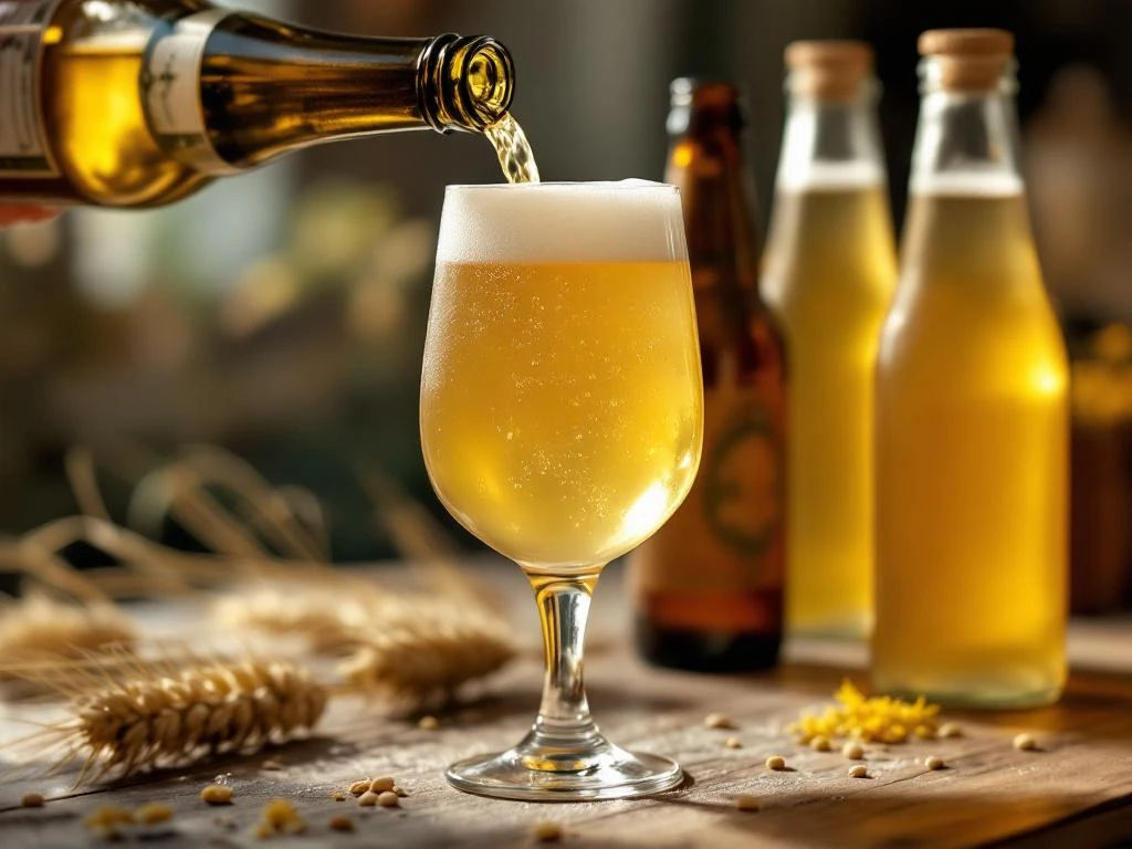 Belgische witbier wordt geschonken in elegant tarweglas, met romige schuimkraag en zichtbare belletjes. Op houten tafel met tarwe en korianderzaadjes.