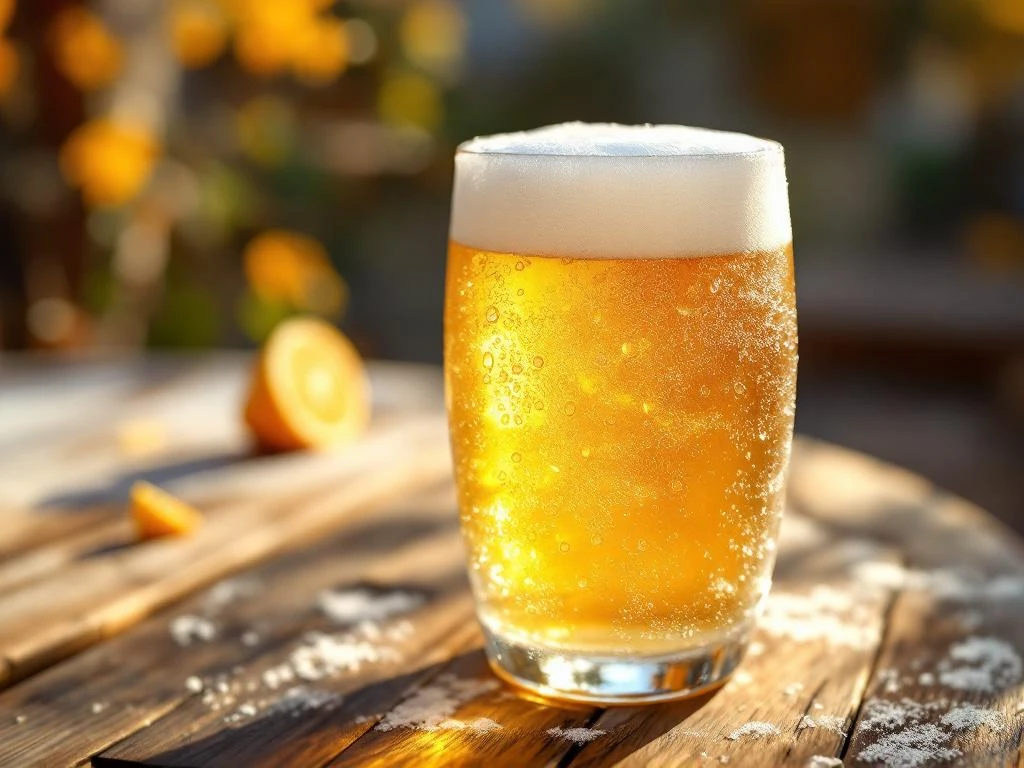 Verfrissend gouden witbier in beslagen glas met romige schuimkraag en sinaasappelschijf op houten tafel, badend in natuurlijk licht van een gezellige biertuin.