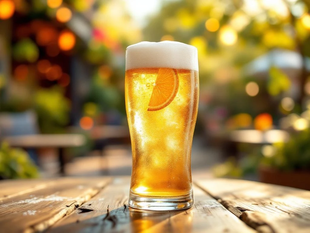 Gekoeld tarwebierglas met goudkleurig witbier en sinaasappelschijfje op houten tafel. Biertuin in zacht zomerlicht met condensdruppels die verfrissing suggereren.