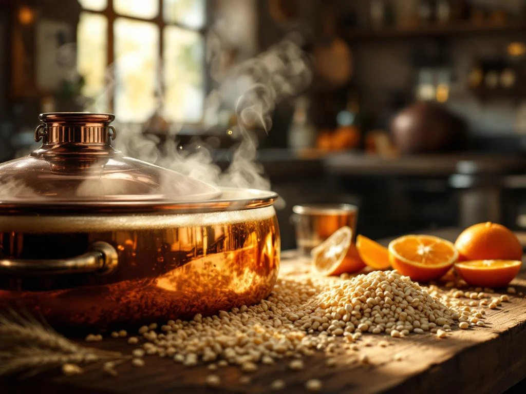 Traditionele witbier bereiding in koperen ketel met goudachtig troebel beslag, tarwekorrels, sinaasappelschil en korianderzaadjes op houten brouwtafel.