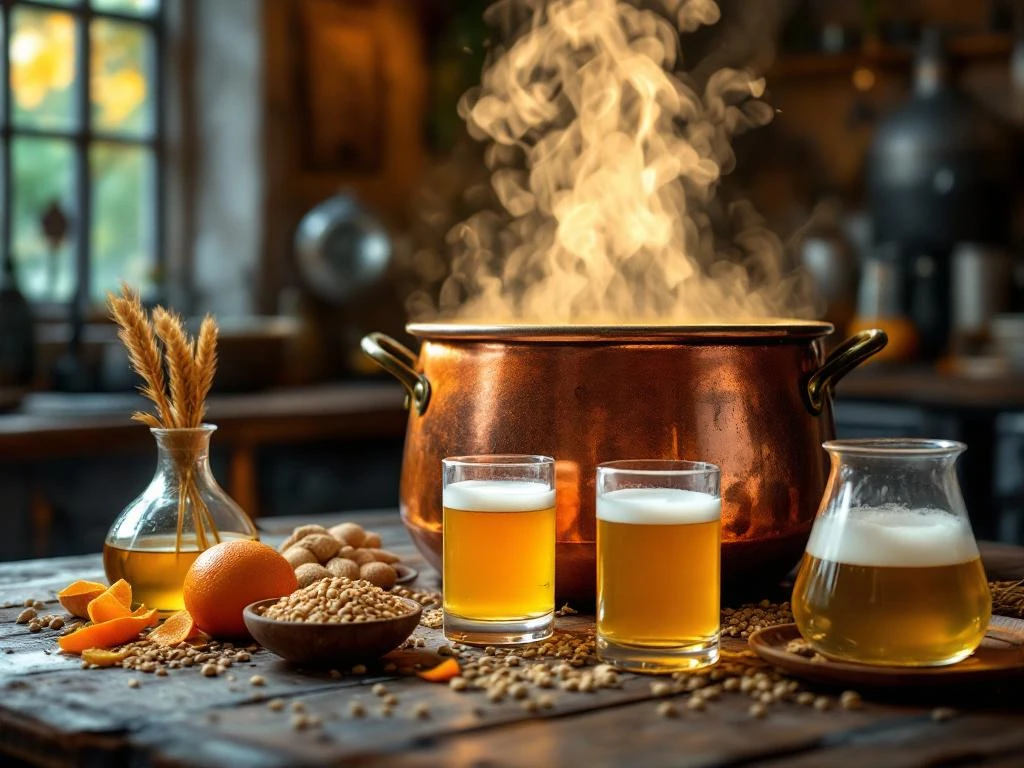 Traditioneel tarwebier brouwproces met koperen ketel, ingrediënten en verschillende stadia van gistend wort in een rustieke brouwerij