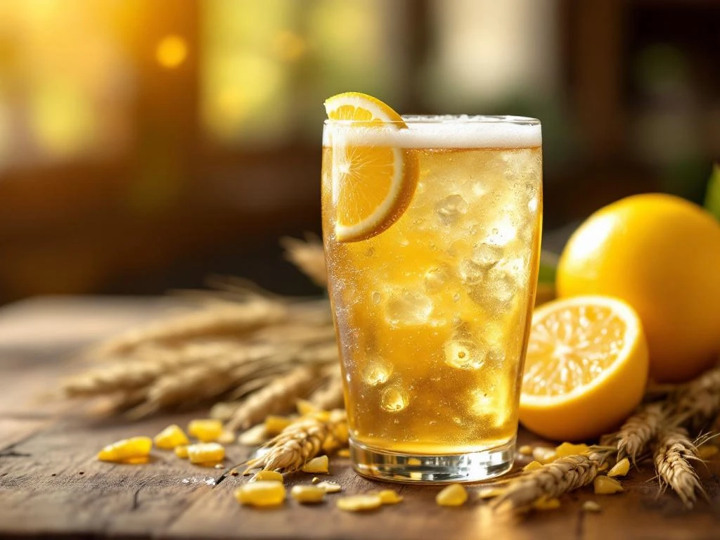 Gouden tarwebier met citroen op de rand, zonlicht schijnt erdoor, op rustieke houten tafel met tarwehalmen in Belgische cafésfeer