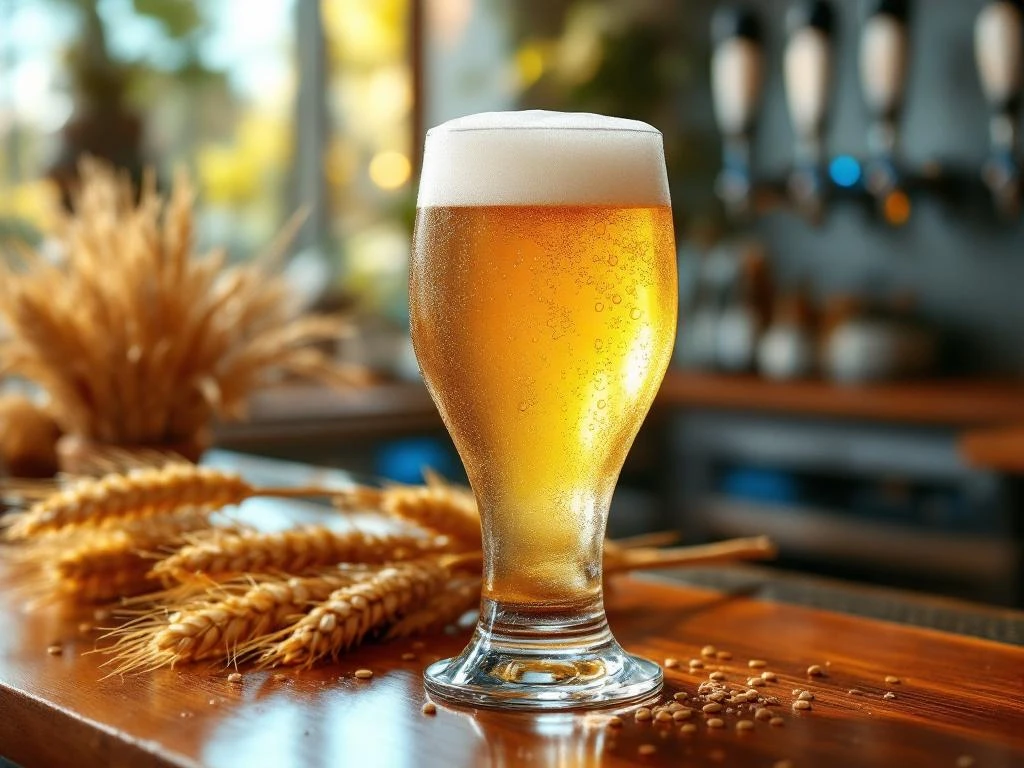 Elegant witbierglas met goudkleurig, troebel bier en romige schuimkraag op houten bar, omringd door tarwe en korianderzaad, met artisanale biertaps op de achtergrond.