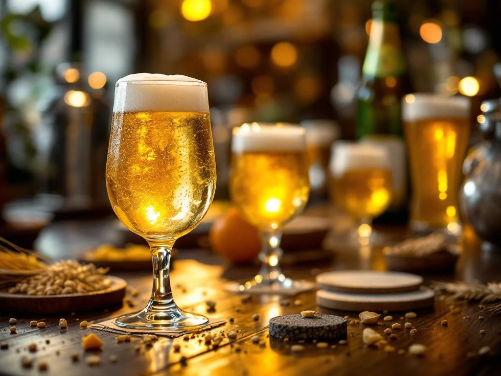 Elegant craft witbier in stemglas met citroen, omringd door traditionele brouwapparatuur, ingrediënten en een tijdlijn van biercultuur op houten bartop in warm licht.