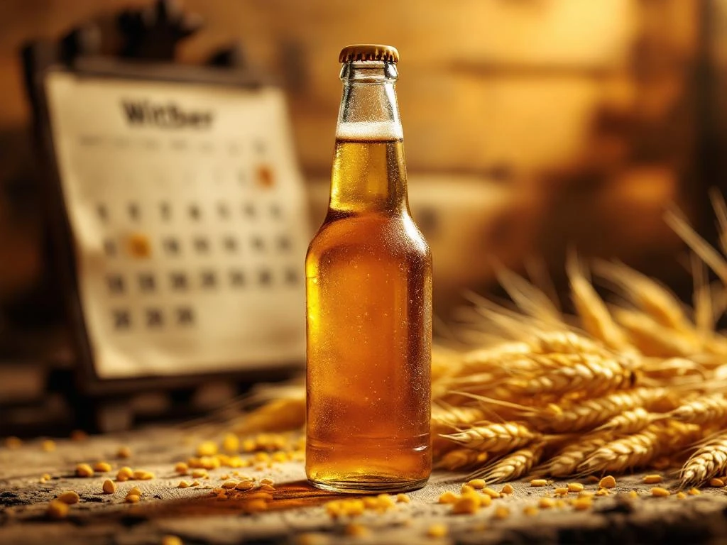 Fles witbier met condensdruppels in rustieke houten kelder, omringd door tarwestengels en korianderzaadjes, zacht verlicht door amberkleurig licht.