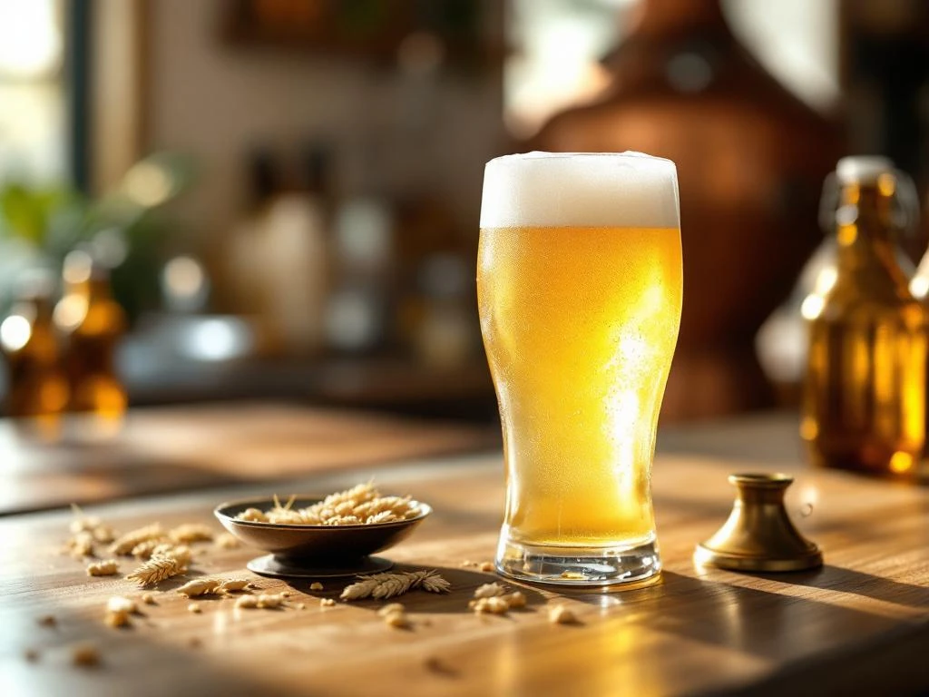 Glas witbier met schuimige witte kraag op houten bartop, verlicht door natuurlijk licht, naast een kleine messing weegschaal met tarwekorrels.