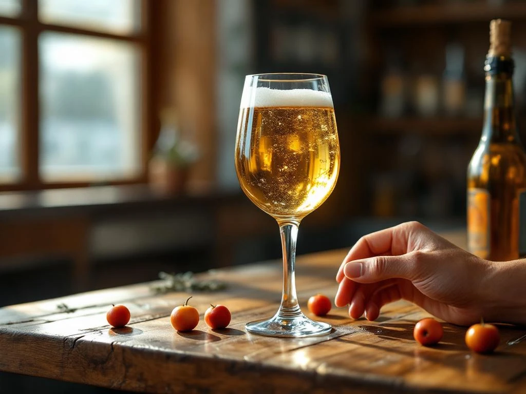 Elegant witbierglas met troebel bier en schuimkraag op houten bartafel, omringd door tarwekorrels en sinaasappelschil. Hand met lichte huidirritatie houdt het glas vast.