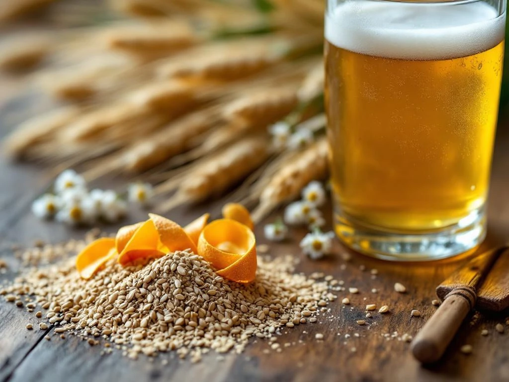 Traditionele witbier-ingrediënten op houten brouwtafel: korianderzaadjes, sinaasappelschil, tarwe en een glas troebel witbier in warm, natuurlijk licht.