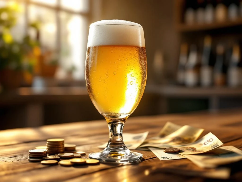 Elegant glas witbier met romige schuimlaag op houten bar, zonlicht schijnt erdoor, met euros ernaast en ambachtelijke bieren op achtergrond.
