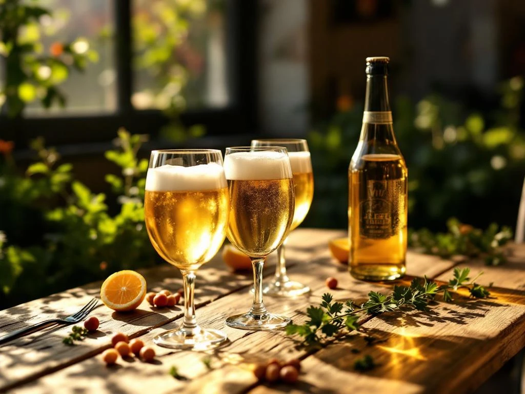 Witbierglazen met schuimkraag op rustieke tafel, versierd met tarwehalmen, sinaasappelschil en koriander, tegen achtergrond van gouden tarwevelden.