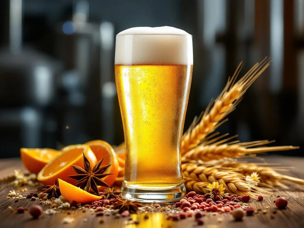 Een glas goudkleurig witbier met schuimkraag op houten tafel, omringd door kruiden, sinaasappelschil en tarwehalmen in warm tegenlicht.