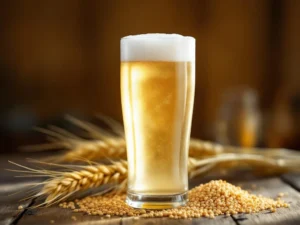 Glas troebele witbier met schuimkraag op houten tafel, versierd met tarwehalmen en sinaasappelschil in warme brouwerijsfeer.