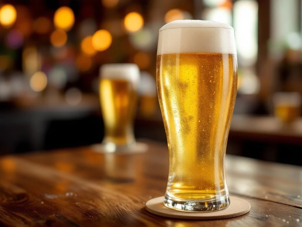 Elegant witbierglas gevuld met troebel gouden bier en romige schuimkraag. Condensdruppels op het glas. Staat op houten bartafel in warme, ambachtelijke sfeer.