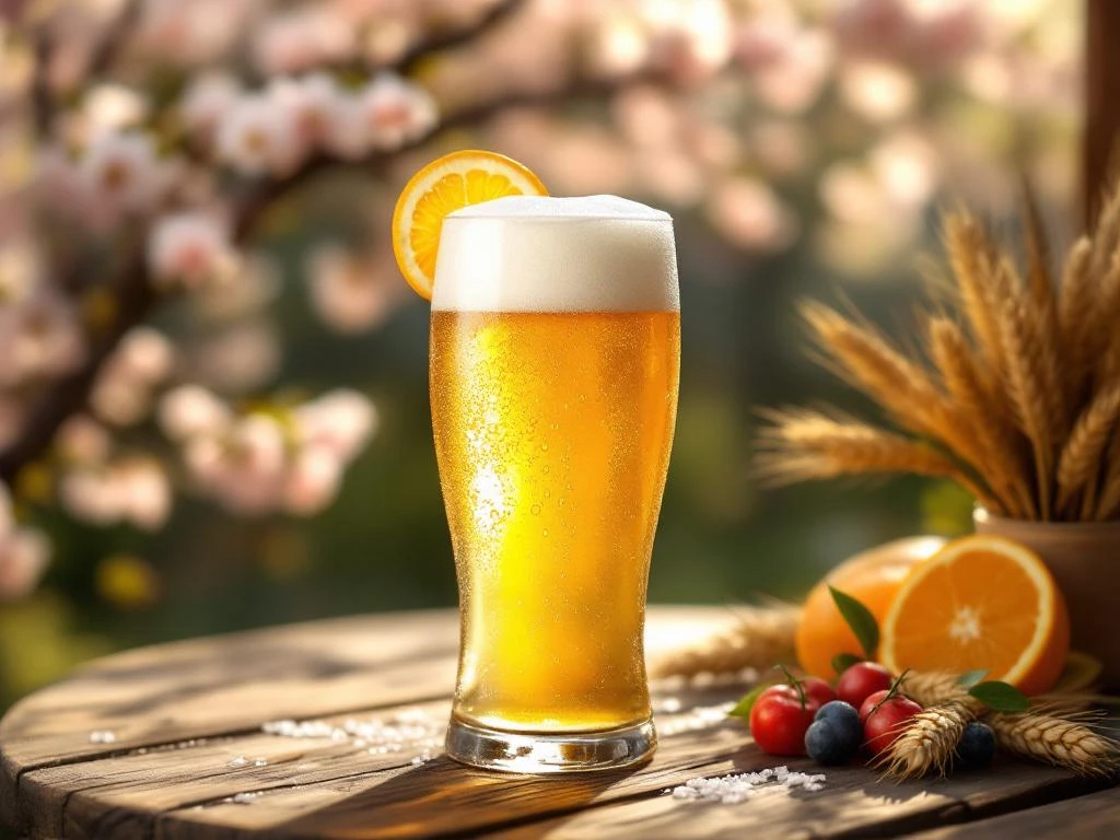 Verfrissend Belgisch witbier met sinaasappelschijf op houten tafel in zonovergoten terras, omringd door kersenbloesems en lentesfeer.