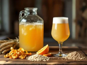 Thuisbrouwopstelling voor witbier met glazen gistingsfles, ingrediënten (tarwehalmen, korianderzaadjes, sinaasappelschillen, gerst) en een glas troebel witbier met romige schuimkraag.