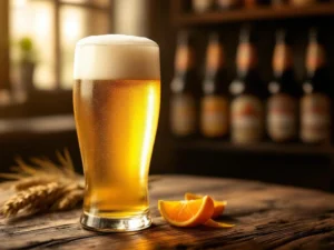 Traditioneel tarwebier in glas met romige schuimkraag op houten tafel. Wazig zichtbare vintage Nederlandse bierflessen op achtergrond. Tarwehalmen en sinaasappelschil als garnering.